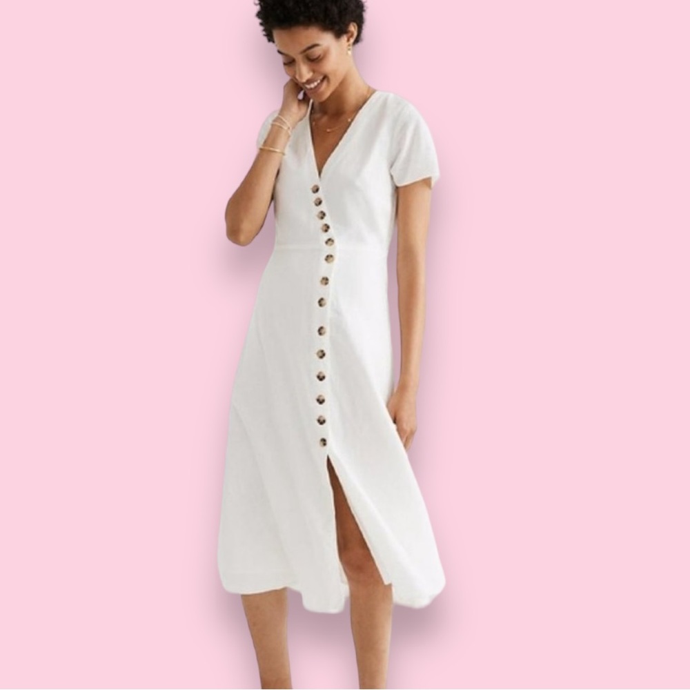 Madewell Linen-Blend V Neck Button-Wrap Midi Dress, Cream, Size 00